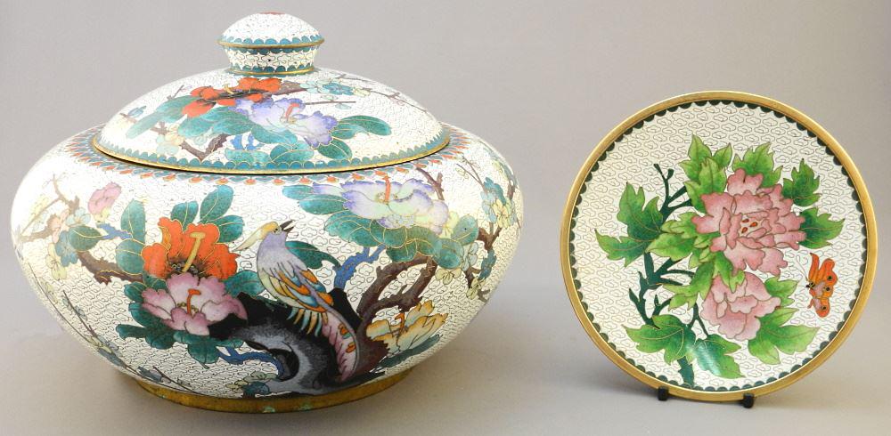 Chinese White Ground Cloisonne Covered Bowl, 7 1/2" (1 of 4)