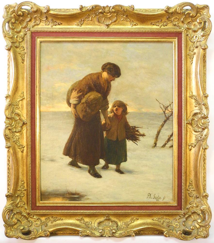 Oil on Canvas signed Ph.(Philp) Sadee, 22 3/4" x 19: Oil on Canvas signed Ph.(Philp) Sadee, 22 3/4" x 19 1/8", "Holding Mother's Hand".