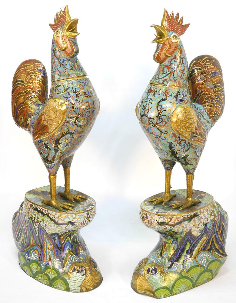 Pair of Cloisonne Roosters on Stands, 38" high.: Pair of Cloisonne Roosters on Stands, 38" high.