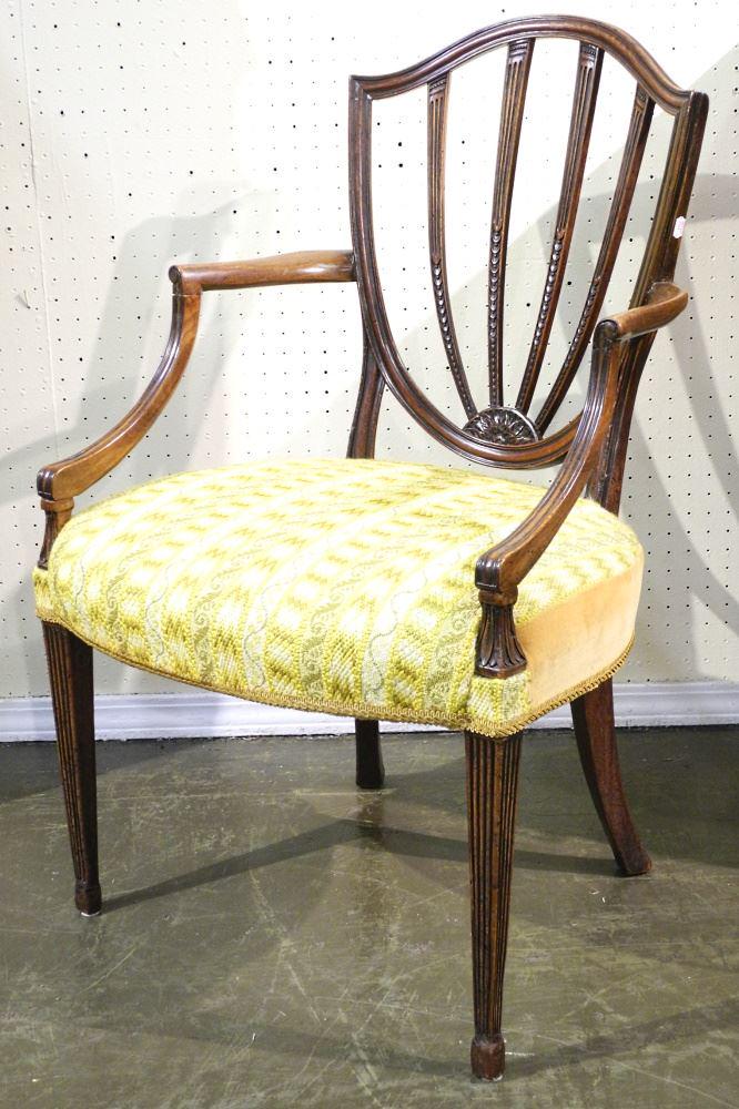 Sheraton Style Mahogany Armchair, 36 1/2" high, right: Sheraton Style Mahogany Armchair, 36 1/2" high, right arm restored.