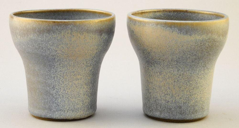 2 Grove Pottery Cups, Mottled Blue Glaze, 3 3/8" high. (1 of 6)