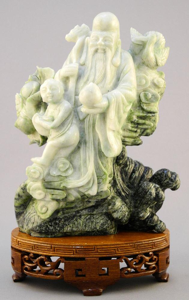 Carved Hard Stone Shou Lao in Box with Wooden Stand, (1 of 6)