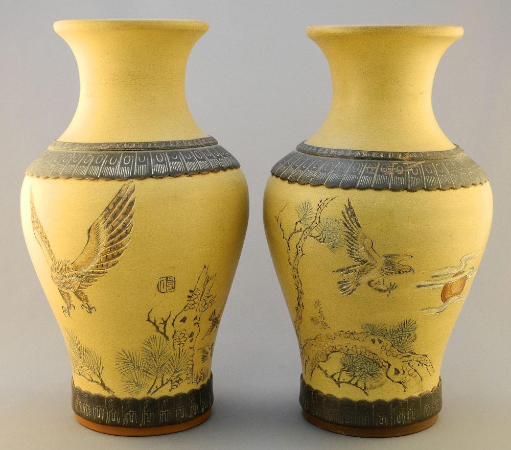 Pair of Yixing Ware "Hawks" Vases, 12 1/4" high, foot: Pair of Yixing Ware "Hawks" Vases, 12 1/4" high, foot rim nibbled.