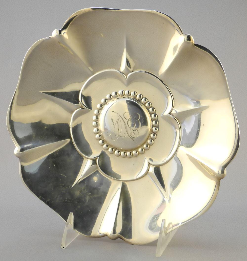 "Tiffany & Co. Makers Sterling Silver" Tudor Rose: "Tiffany & Co. Makers Sterling Silver" Tudor Rose Shaped mono. Dish, 220gr., 9" dia.