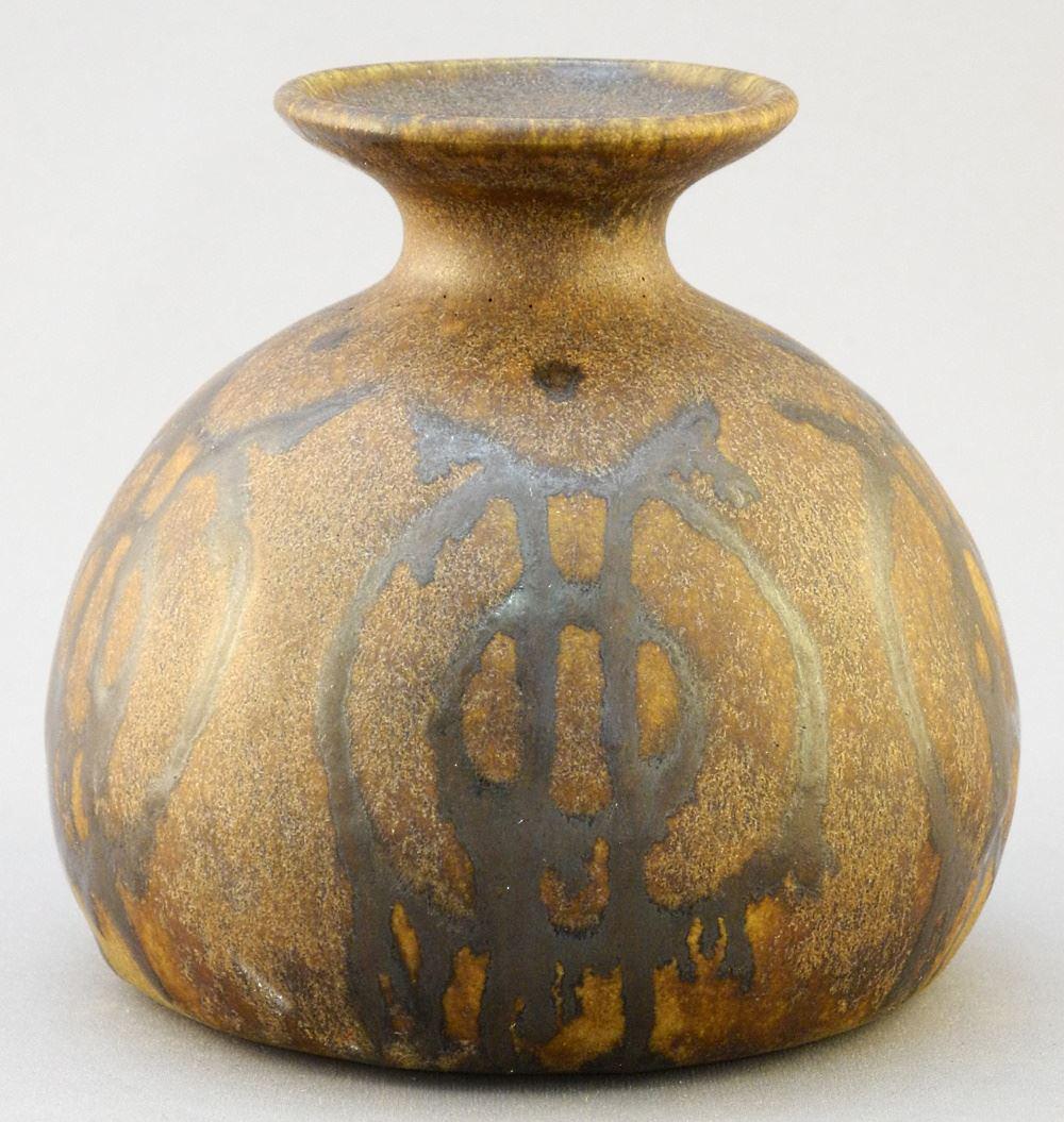 Grove Pottery H-Mark Vase, Mottled Brown Glaze, 4": Grove Pottery H-Mark Vase, Mottled Brown Glaze, 4" high.