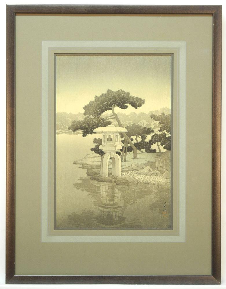 Japanese woodblock Print by Kawase Hasui, 14" x 9 3/8",: Japanese woodblock Print by Kawase Hasui, 14" x 9 3/8", "Moonlight at Seichoen Garden".