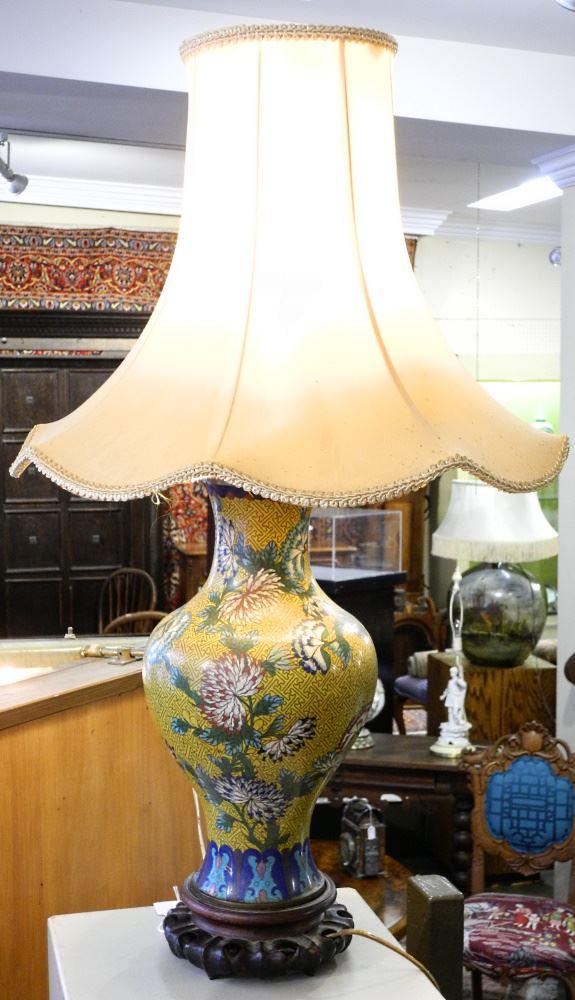 Yellow Cloisonne Vase Mounted as a Lamp, TH 31 1/2", (1 of 2)