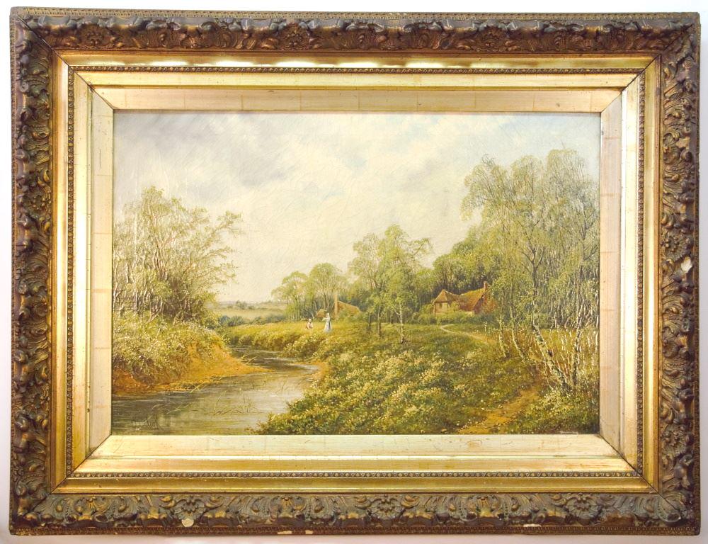 Oil on Canvas signed D.T. Clark, 19 3/4" x 29 1/4",: Oil on Canvas signed D.T. Clark, 19 3/4" x 29 1/4", "Riverside Cottage with Figures".