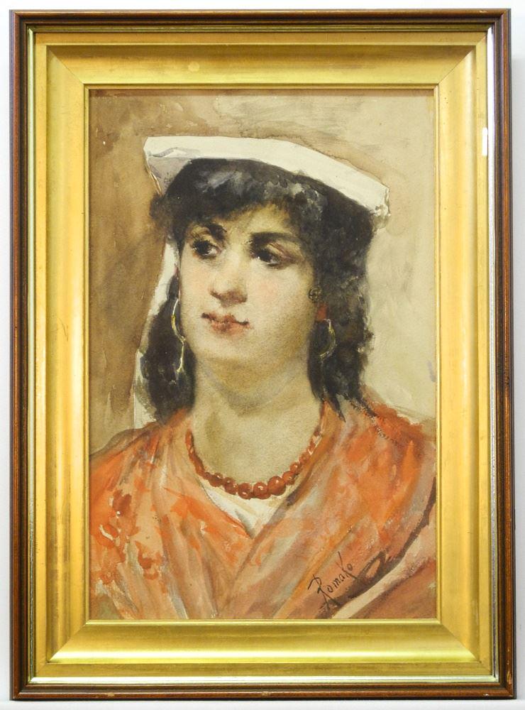 Watercolour signed (Anton) Romako, 18" x 12", "Portrait: Watercolour signed (Anton) Romako, 18" x 12", "Portrait of a Youthful Woman".