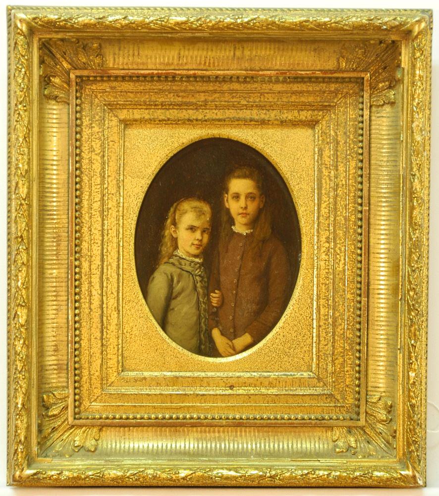 Unsigned Oil on Panel, oval 7" x 6 3/4", "Two Young (1 of 2)