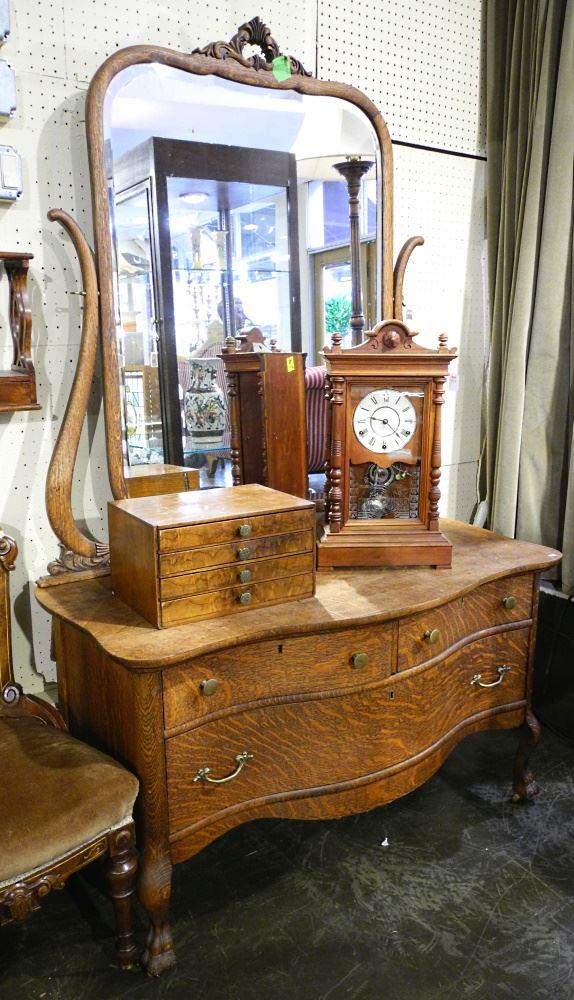 Oak Serpentine Front Dresser with Large Mirror. - (1 of 3)