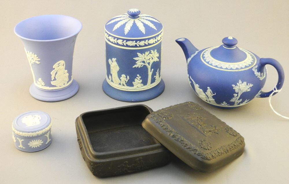 5 Pieces of Various Wedgwood Jasper Wares: Teapot/ 2: 5 Pieces of Various Wedgwood Jasper Wares: Teapot/ 2 Boxes/ Jar, inner chip, tallest 4 1/2".