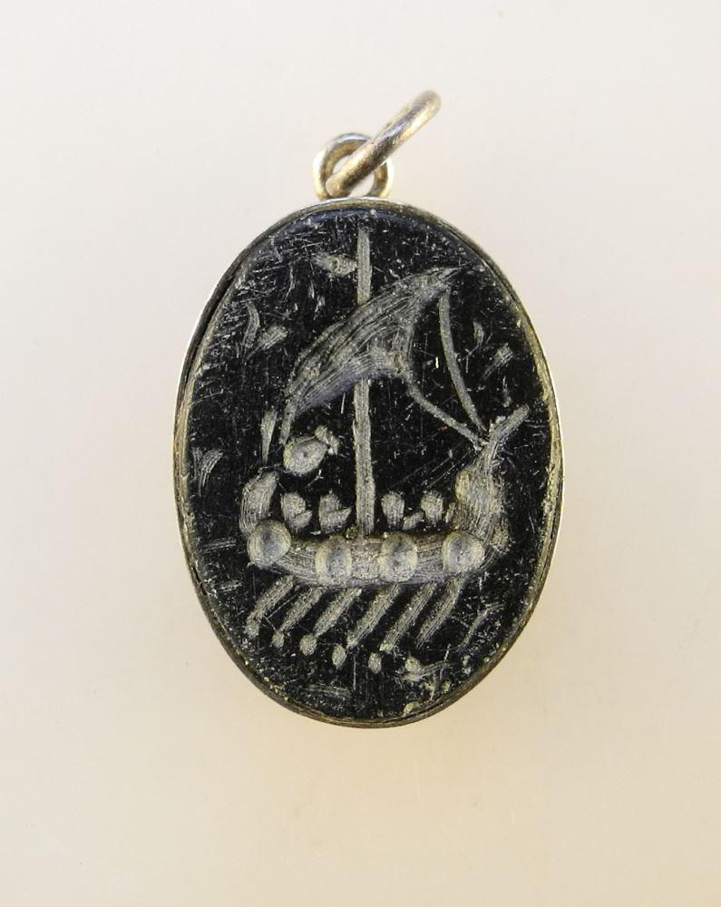 Ancient Intaglio Seal depicting a Sailing Vessel,: Ancient Intaglio Seal depicting a Sailing Vessel, mounted in silver tone frame, 1" high