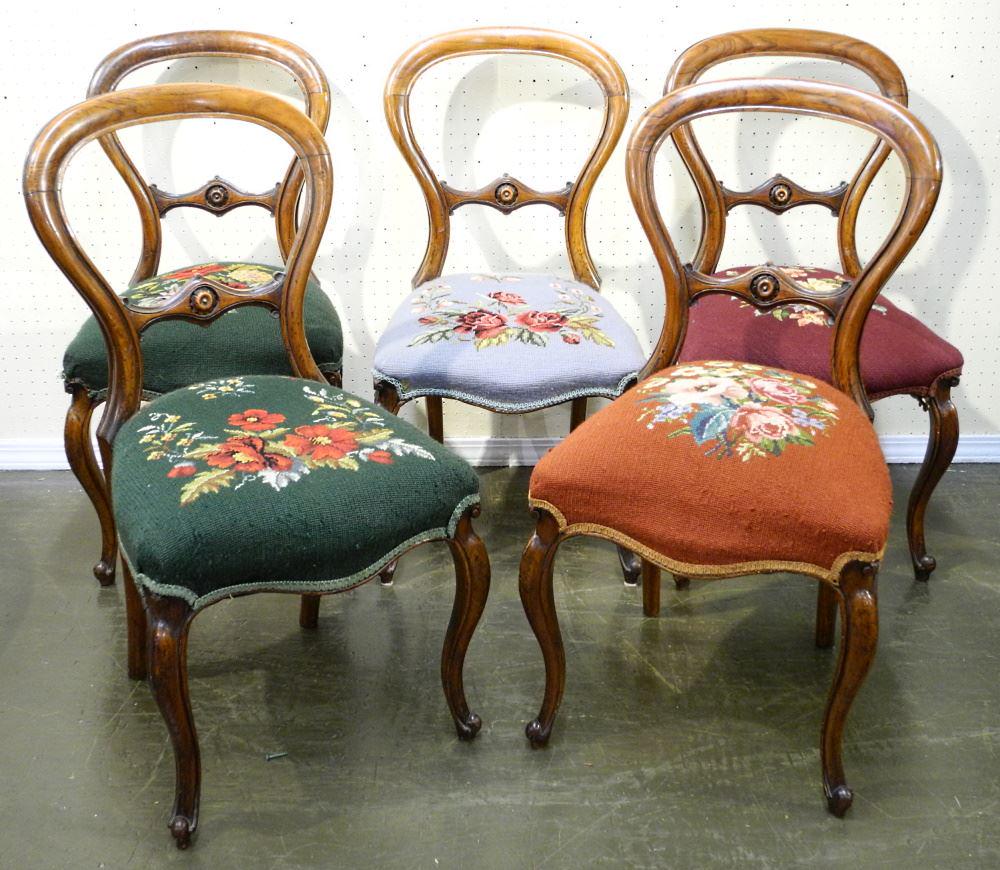 5 Victorian Rosewood Dining Chairs, with Needle Point: 5 Victorian Rosewood Dining Chairs, with Needle Point Seats, 34 1/4" H.
