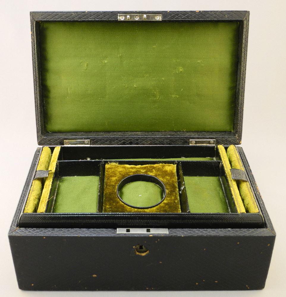 Antique Leather, Silk & Velvet Lined Jewellery Box, 10" (1 of 6)