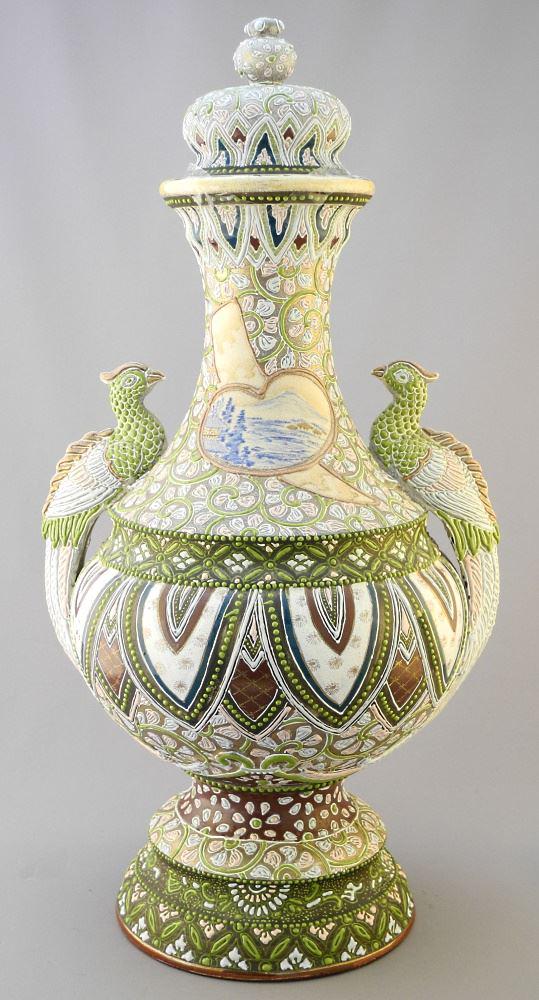 Satsuma Moriage Covered Vase, 20" high, finial (1 of 6)