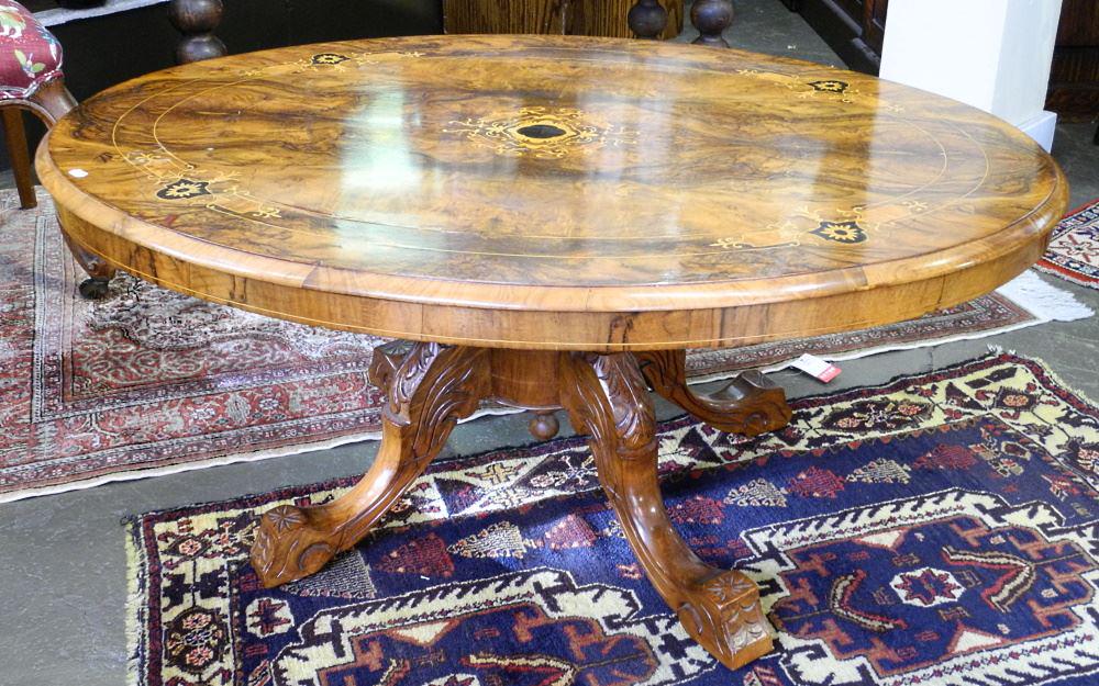 Marquetry & Burl Walnut Loo Table, Height Reduced, 45 (1 of 3)