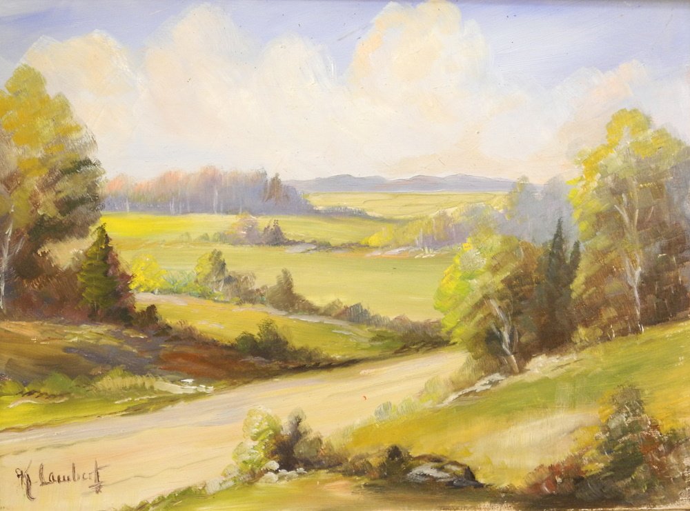 Oil on Masonite signed K. (Kurt) Lambert: Oil on Masonite signed K. (Kurt) Lambert, 11 1/2 x 15 1/2", "Landscape with Roadway"