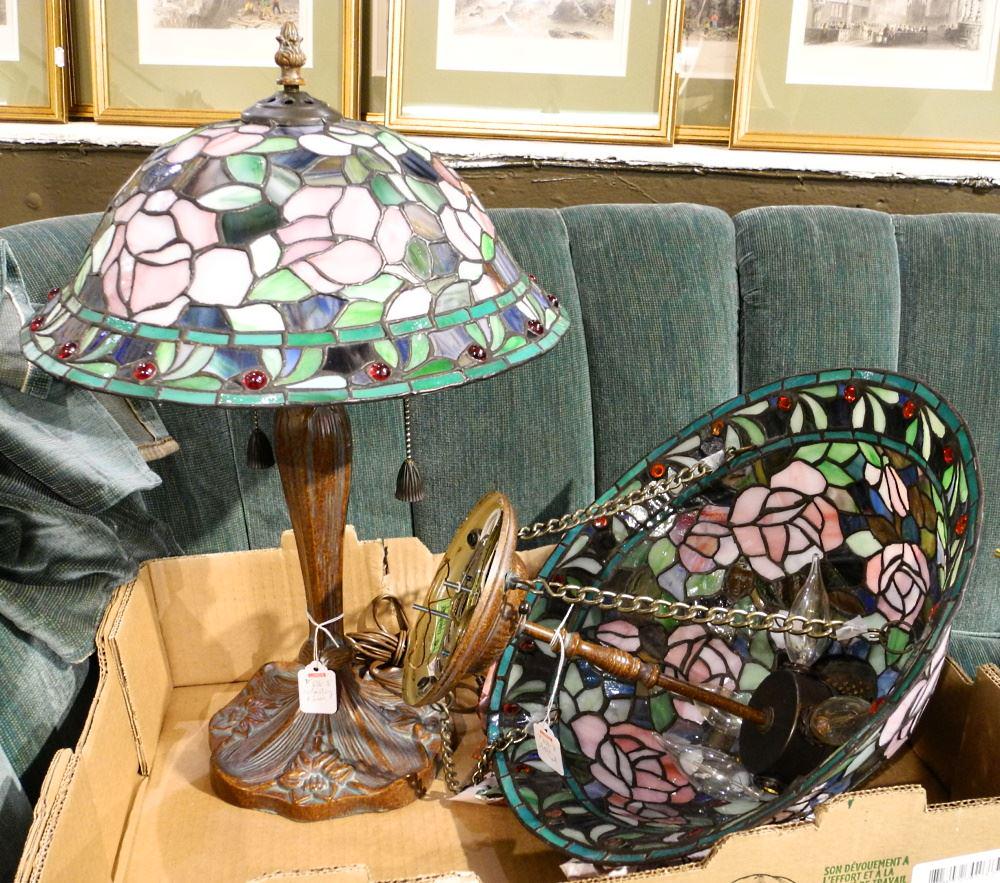 2 Leaded Glass Light Fixtures: Table Lamp & Ceiling, (1 of 1)
