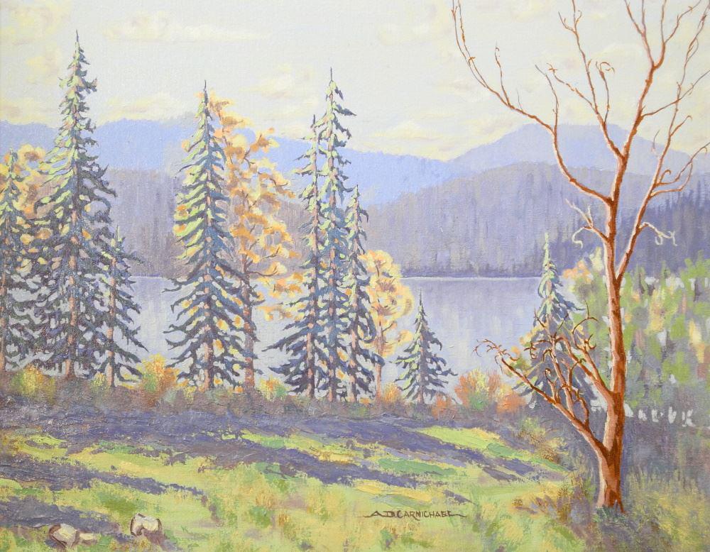 2 Oils on Boards both signed A.D. Carmichael, larger 19: 2 Oils on Boards both signed A.D. Carmichael, larger 19 1/4" x 23 1/4" "Cattle" & "Lake Scene".