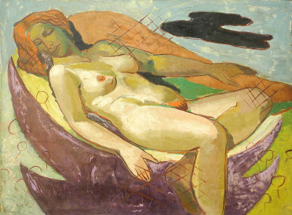 Unsigned Oil on Canvas, 29 1/4" x 39 1/2", "Reclining: Unsigned Oil on Canvas, 29 1/4" x 39 1/2", "Reclining Red Head", unframed.
