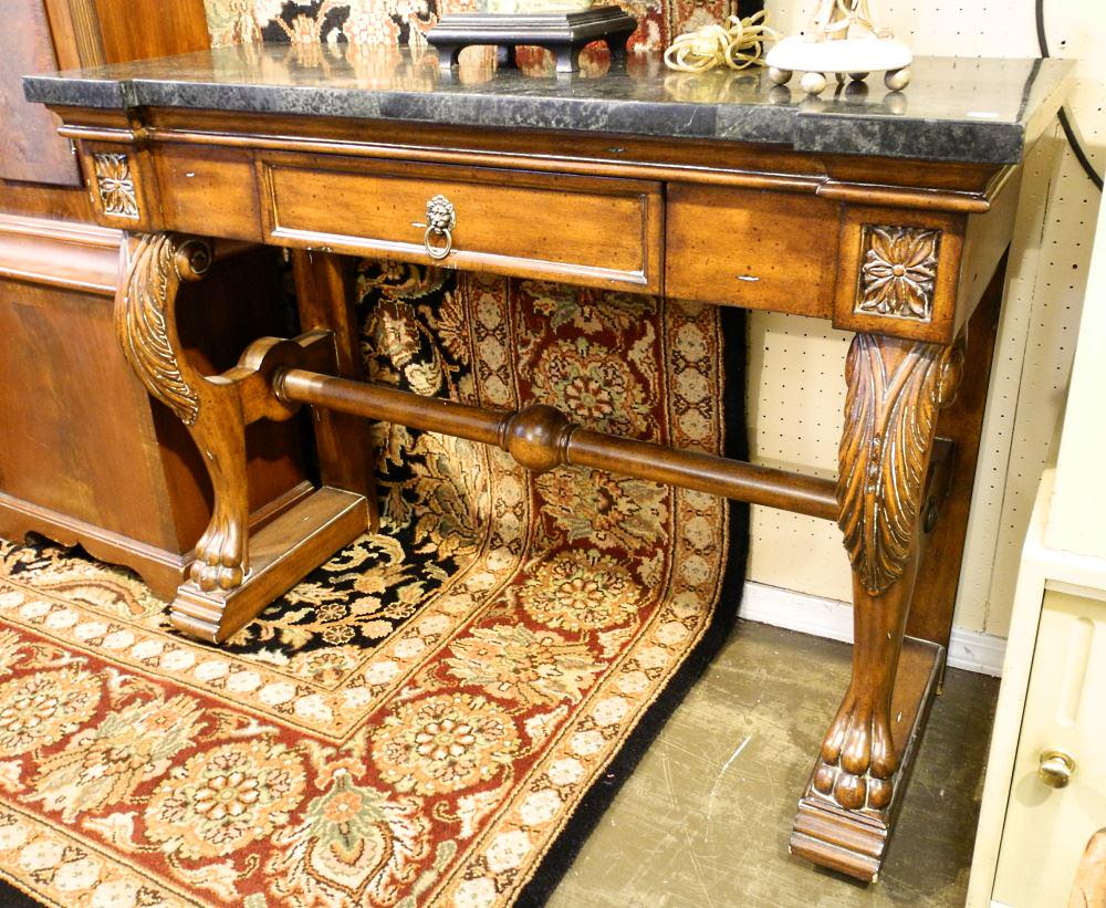 Neo Classical Styled Console Table with Marbleized Top.: Neo Classical Styled Console Table with Marbleized Top.