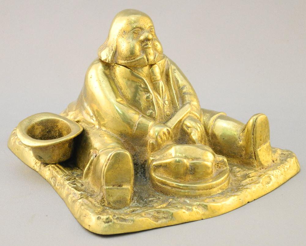 Novelty Brass Inkwell of Seated Man Eating, glass (1 of 4)