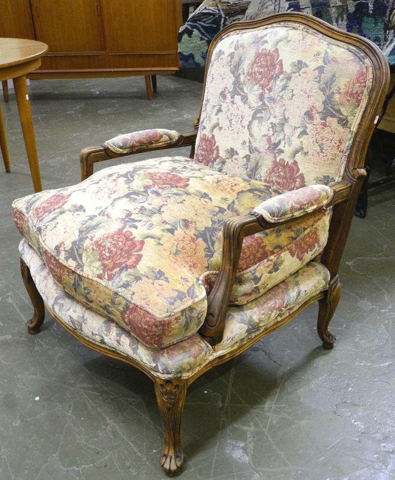 Louis XV Style Fruitwood Fauteuil Armchair, 30 1/2": Louis XV Style Fruitwood Fauteuil Armchair, 30 1/2" wide.