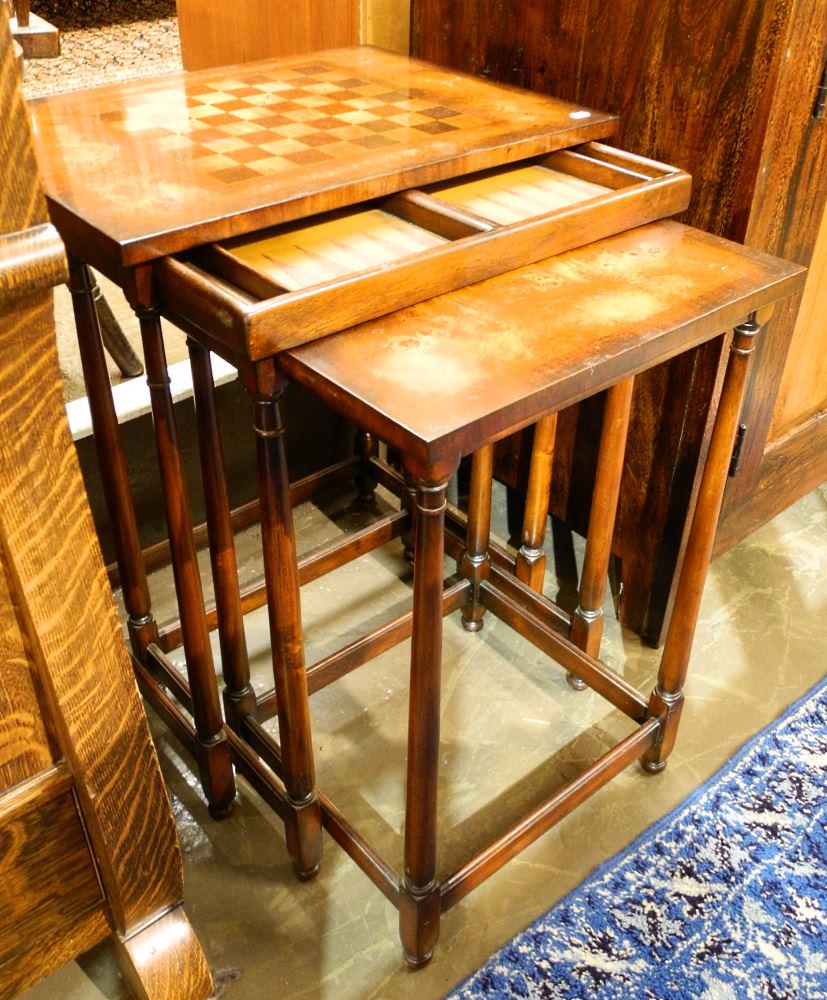 Trio of Inlaid Wood Games Tables, 28" high.: Trio of Inlaid Wood Games Tables, 28" high.
