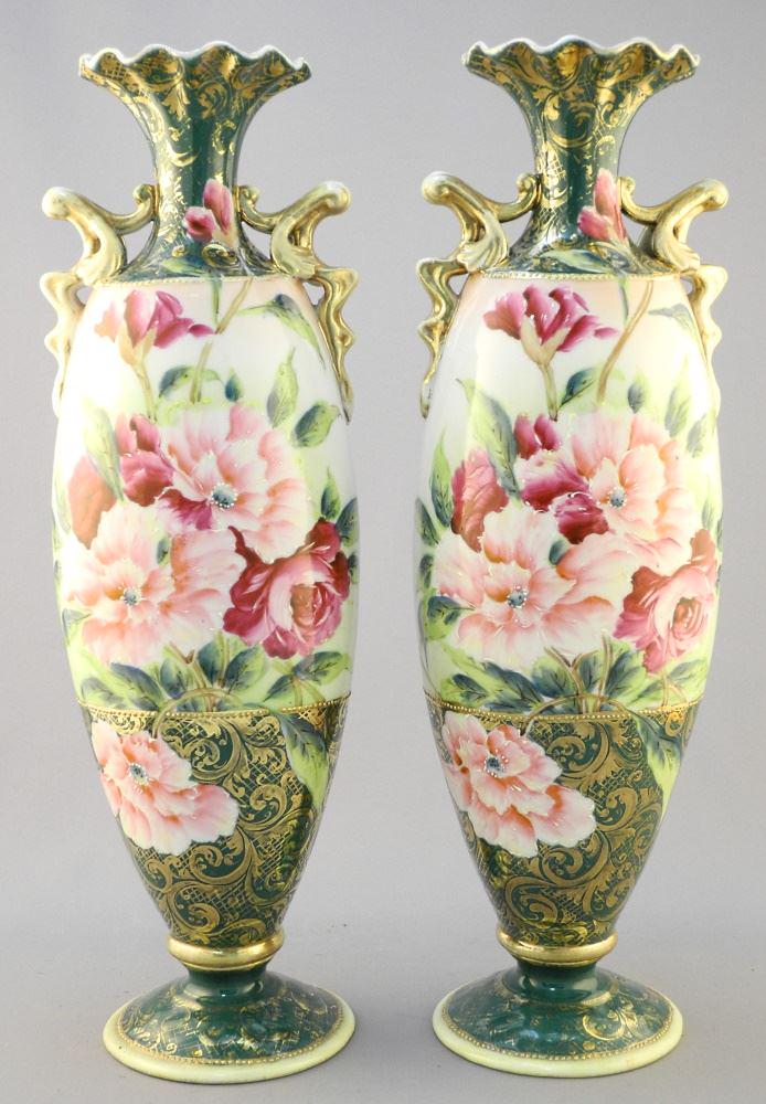 Pair of Hand Painted Nippon Porcelain Vases, 14 1/8" (1 of 3)