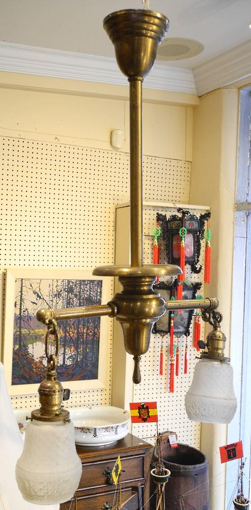 Vintage 1920's Brass Dual Arm Light Fixture with Shade, (1 of 1)