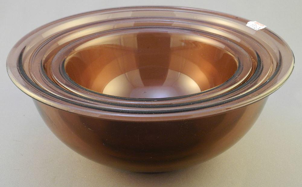 3 Pyrex Graduated Amethyst Mixing Bowls, 7"-10": 3 Pyrex Graduated Amethyst Mixing Bowls, 7"-10" diameter.