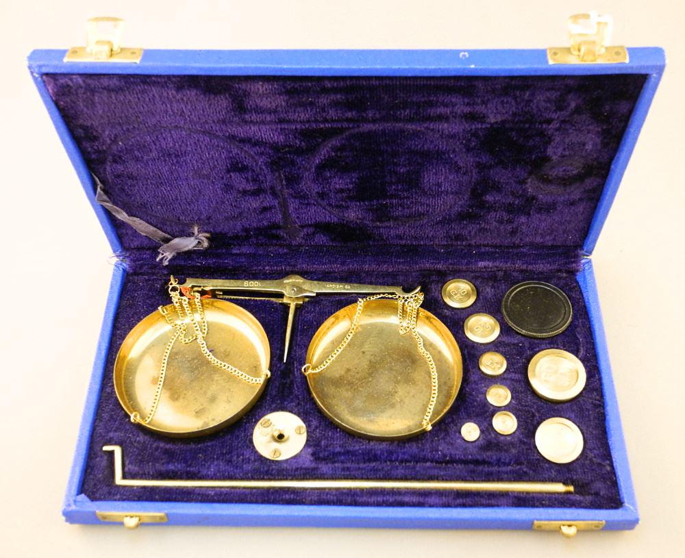 Cased Set of Brass Gold Scales, 10 1/4" wide. (1 of 2)