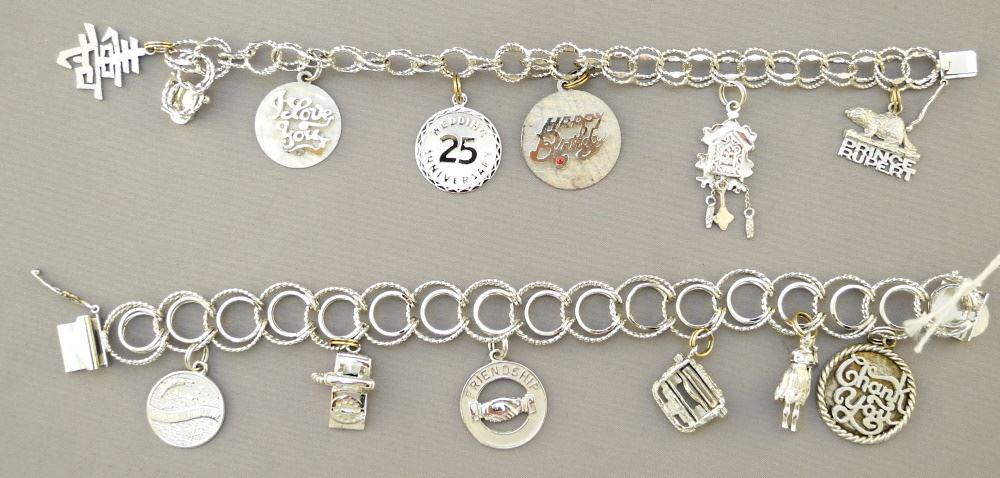 2 Silver Charm Bracelets, 8" long. (1 of 1)