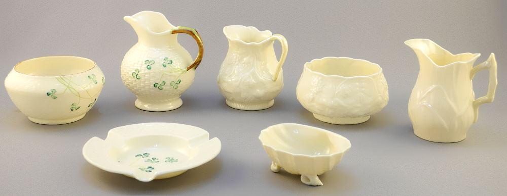 7 Pieces of Belleek China: 3 Cream/ 2 Sugar/ Ashtray/ (1 of 2)