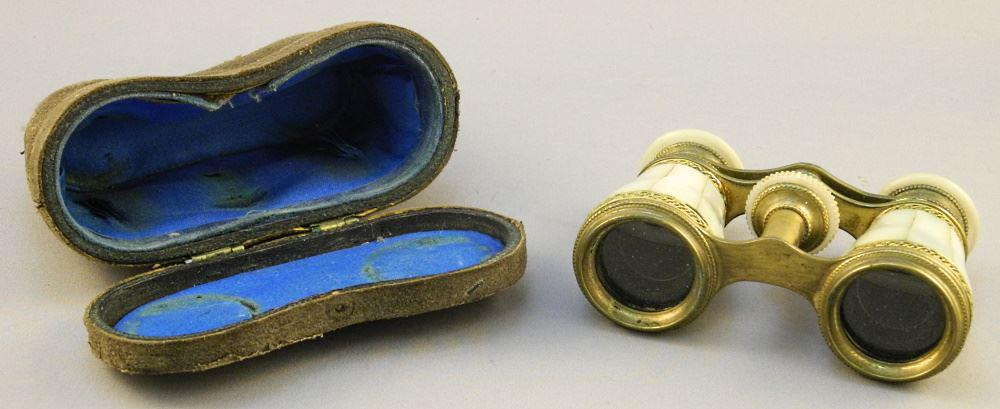 Pair of Mother of Pearl Inset Opera Glasses with Case,: Pair of Mother of Pearl Inset Opera Glasses with Case, 3 7/8" wide.