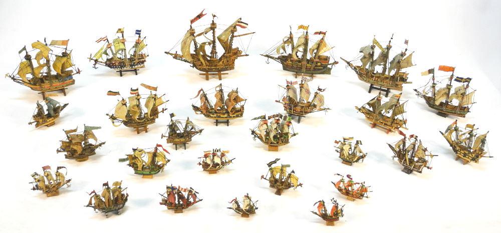 Collection of Model Galleons in Glazed Case, case 25: Collection of Model Galleons in Glazed Case, case 25 1/2" wide.