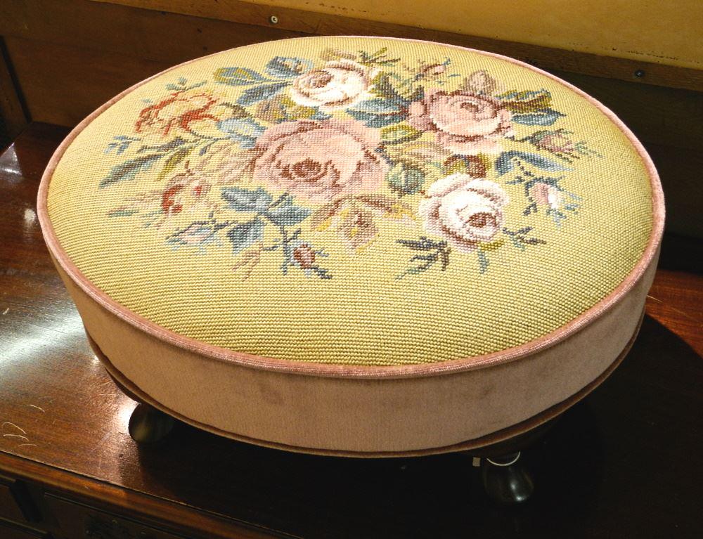 Needlepoint Oval Footstool with Walnut Legs, 21" wide. (1 of 2)