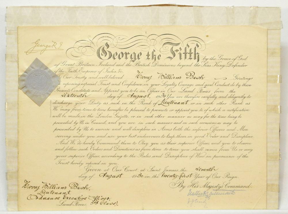 Geo V Commission Document, Rank of Lieutenant with COA, (1 of 3)