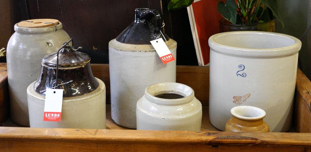 6 Stoneware Items: Jug/ Crock/ Covered/ Various, (1 of 3)