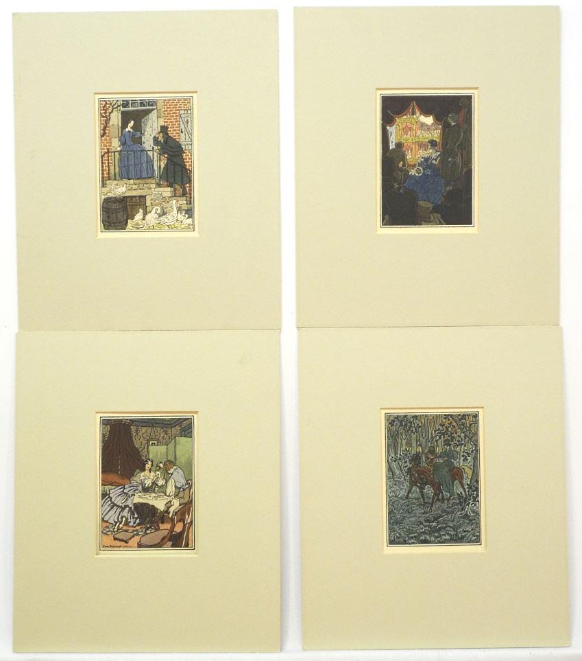 Group of 4 Coloured Prints by Pierre Brissand, 5 1/4" x: Group of 4 Coloured Prints by Pierre Brissand, 5 1/4" x 3 3/4".