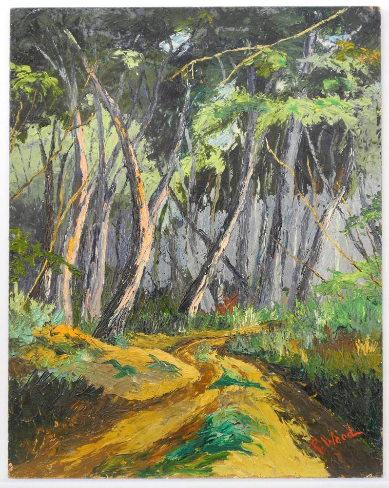 Oil on Board signed R (Robert) Wood, 20 1/4" x 16",: Oil on Board signed R (Robert) Wood, 20 1/4" x 16", "Wooded Path" (Double Sided), Unframed.
