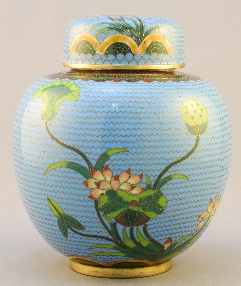 Chinese Blue Ground Cloisonne Covered Urn. (1 of 2)
