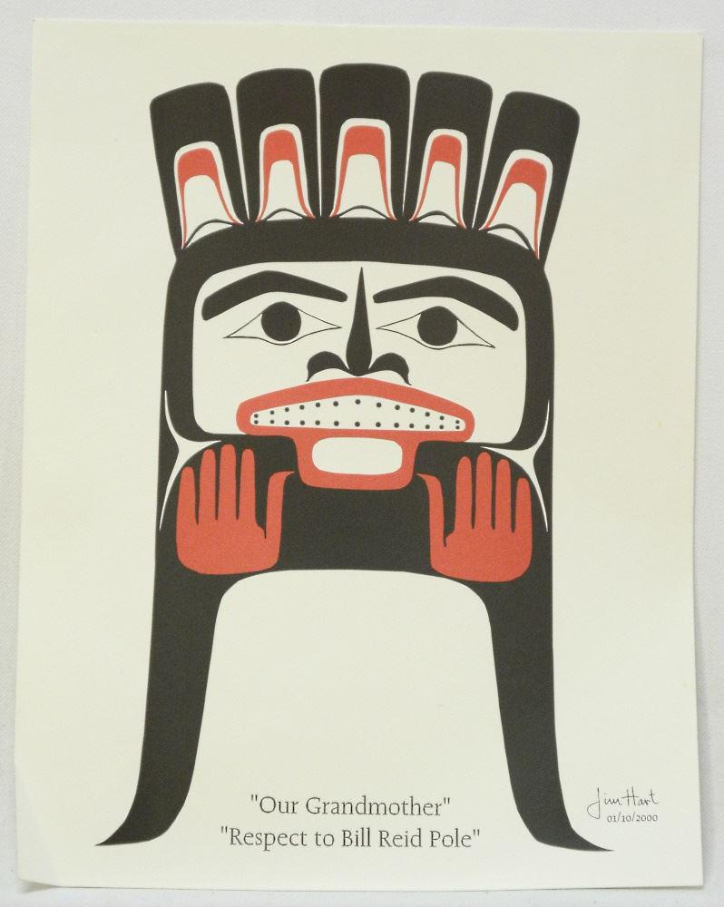 Serigraph by Jim Hart 01/10/2000, 11" x 18 1/2",: Serigraph by Jim Hart 01/10/2000, 11" x 18 1/2", "Respect to Bill Reid Pole", as found.