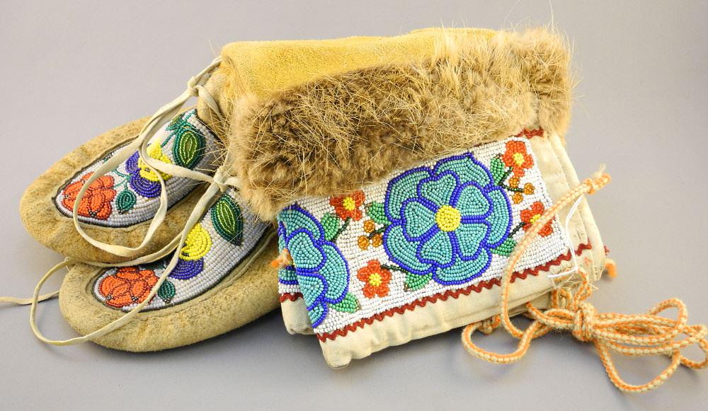 Pair of Beaded & Fur Trimmed Tanned Hide Moccasins, 13" (1 of 2)