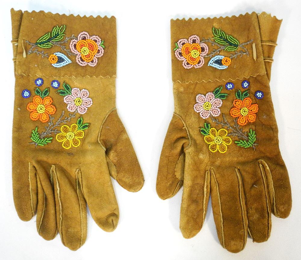 Pair of Tanned Hide & Beaded Gloves, 10 1/2" length. (1 of 2)