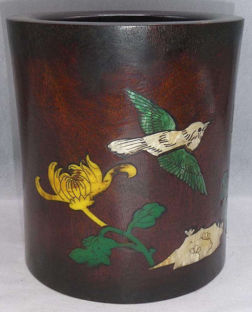 Garden Inlaid "Bird Garden" Brush Pot, 6 1/8" high,: Garden Inlaid "Bird Garden" Brush Pot, 6 1/8" high, 20th C.