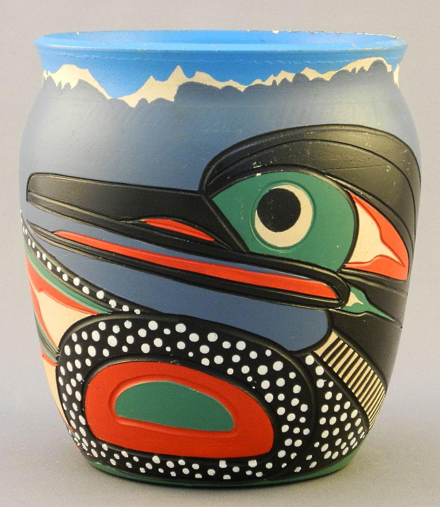 Coast Salish "Loon" Vase by Stewart Jacobs, 5 1/2": Coast Salish "Loon" Vase by Stewart Jacobs, 5 1/2" high.
