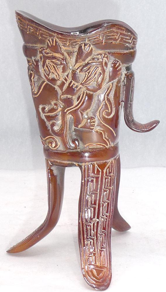 Sino Tibetan "Heaven's Gate" Tri Foot Horn Cup, 4 1/2" (1 of 4)