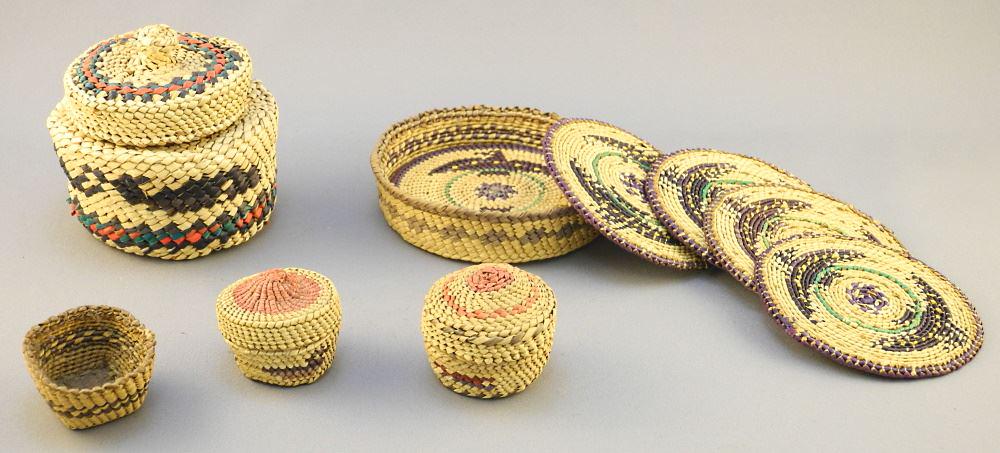 Lot of Nuu-Chah-Nulth Basketry Items: 3 trinket/: Lot of Nuu-Chah-Nulth Basketry Items: 3 trinket/ Coasters/ 1 Open, largest 3 1/8" high.